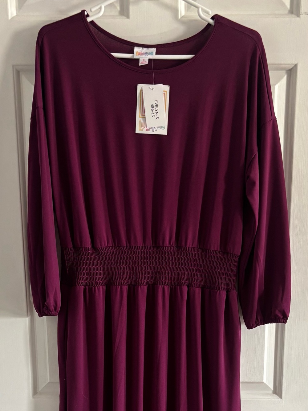 LuLaRoe Evelyn Deep Plum Long Sleeve Smocked-Waist Maxi Dress